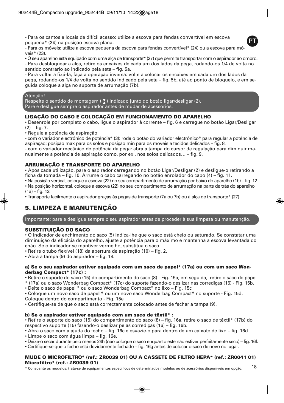 Limpeza e manutenção | ROWENTA COMPACTEO UPGRADE RO1795 User Manual | Page 23 / 112