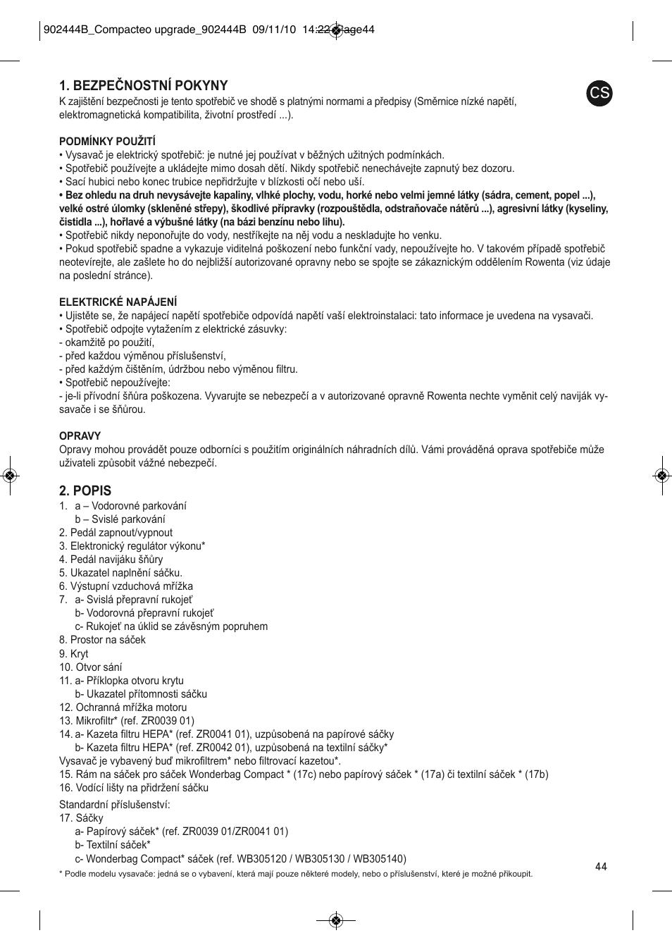 Bezpečnostní pokyny, Popis | ROWENTA COMPACTEO UPGRADE RO1795 User Manual | Page 49 / 112