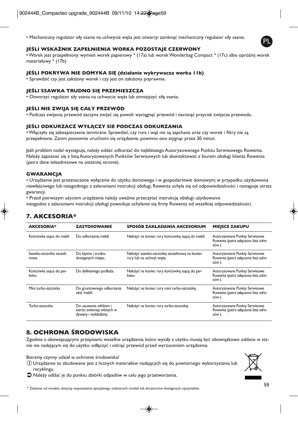 Akcesoria* 8. ochrona środowiska | ROWENTA COMPACTEO UPGRADE RO1795 User Manual | Page 64 / 112