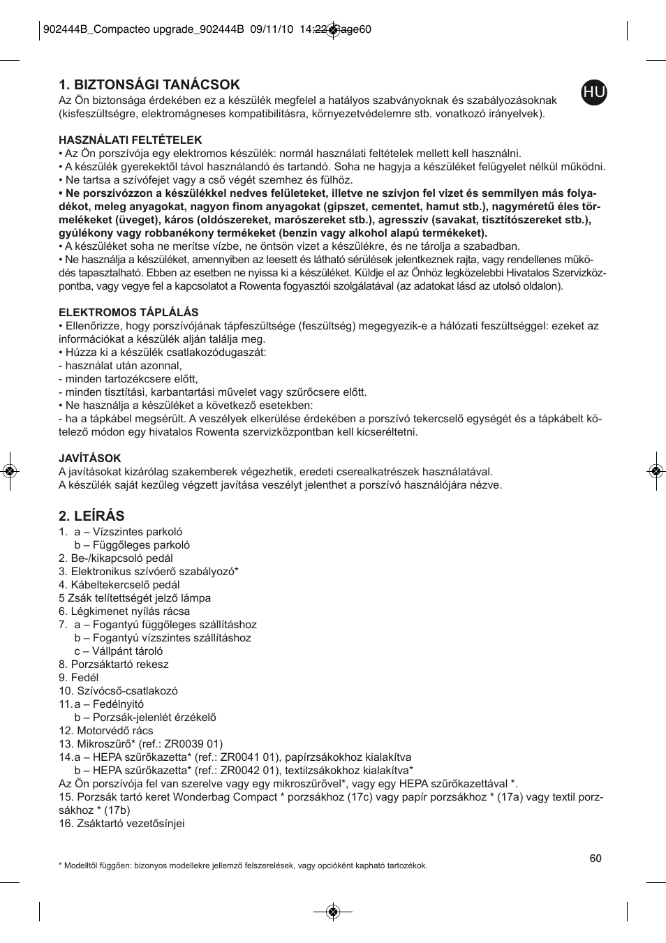 Biztonsági tanácsok, Leírás | ROWENTA COMPACTEO UPGRADE RO1795 User Manual | Page 65 / 112