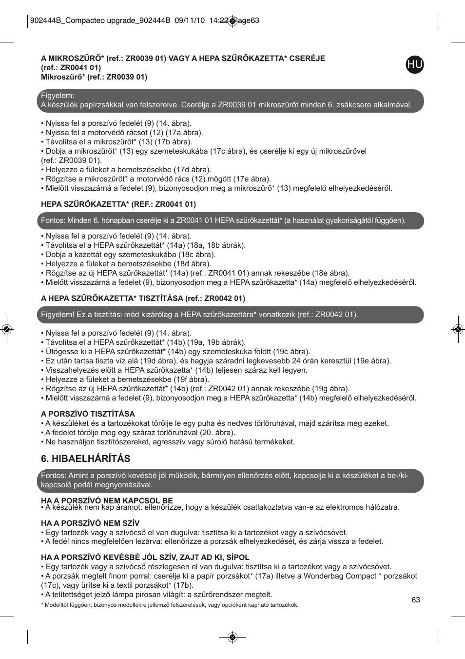 Hibaelhárítás | ROWENTA COMPACTEO UPGRADE RO1795 User Manual | Page 68 / 112