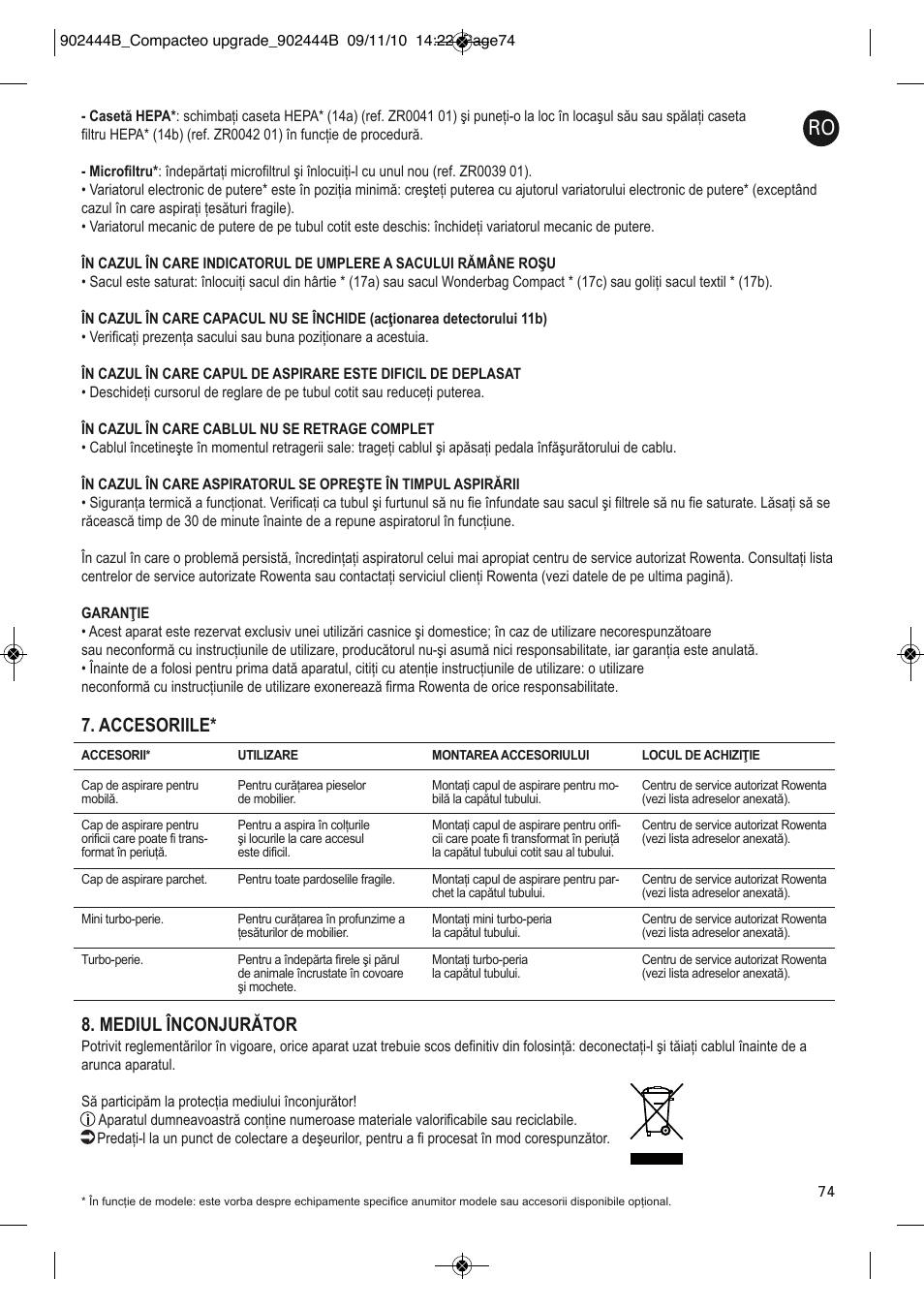 Accesoriile* 8. mediul înconjurător | ROWENTA COMPACTEO UPGRADE RO1795 User Manual | Page 79 / 112