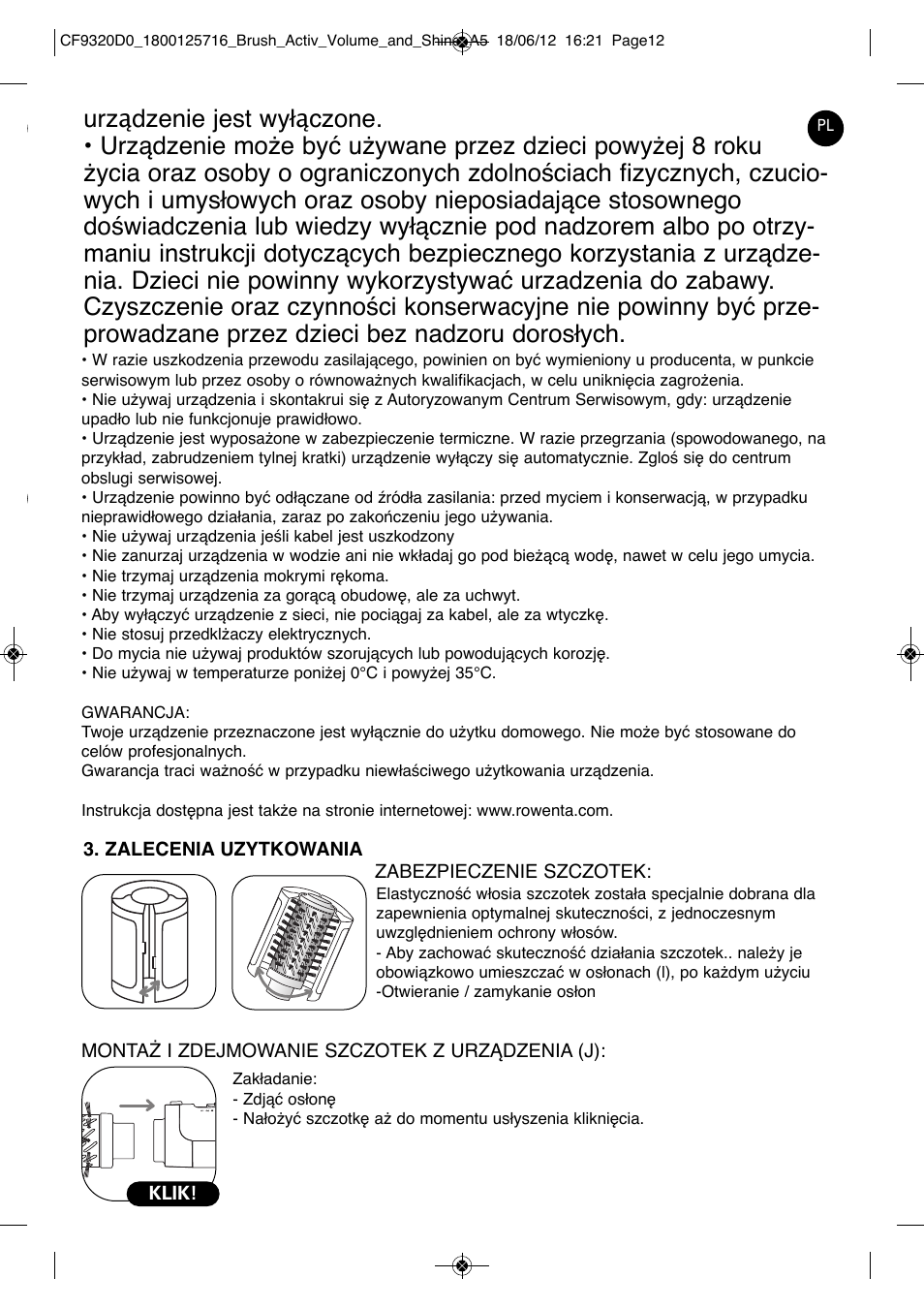 ROWENTA BRUSH ACTIV VOLUME & SHINE CF9320 User Manual | Page 12 / 122