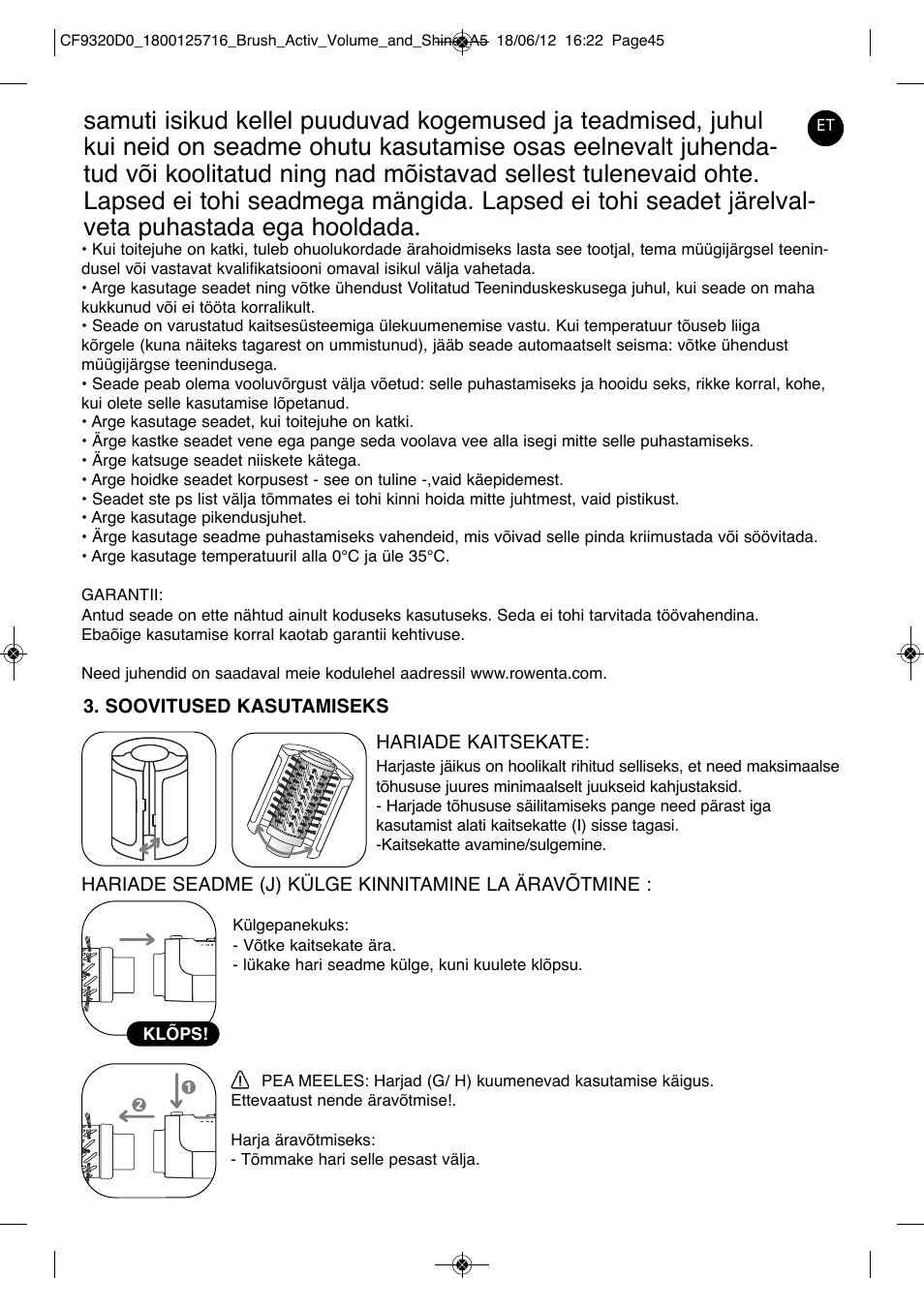 ROWENTA BRUSH ACTIV VOLUME & SHINE CF9320 User Manual | Page 45 / 122