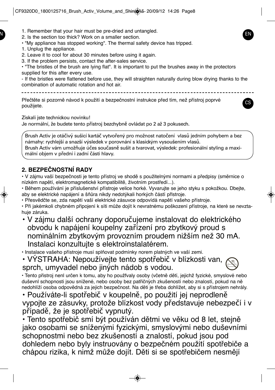 ROWENTA BRUSH ACTIV VOLUME & SHINE CF9320 User Manual | Page 8 / 122