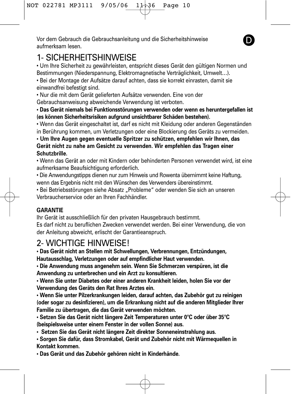 Sicherheitshinweise, Wichtige hinweise | ROWENTA MANEIS MP3111 User Manual | Page 10 / 30