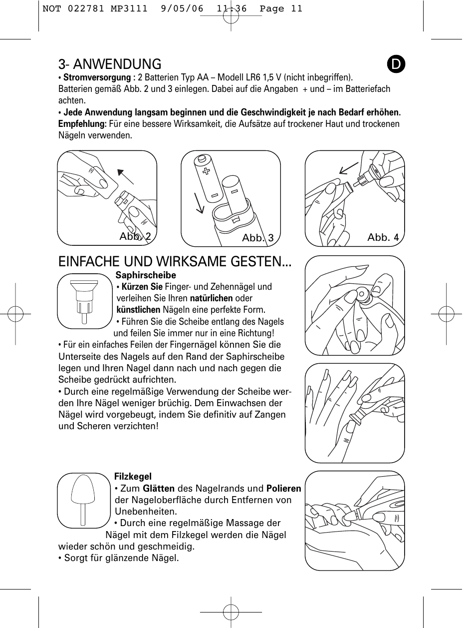 Einfache und wirksame gesten, Anwendung | ROWENTA MANEIS MP3111 User Manual | Page 11 / 30