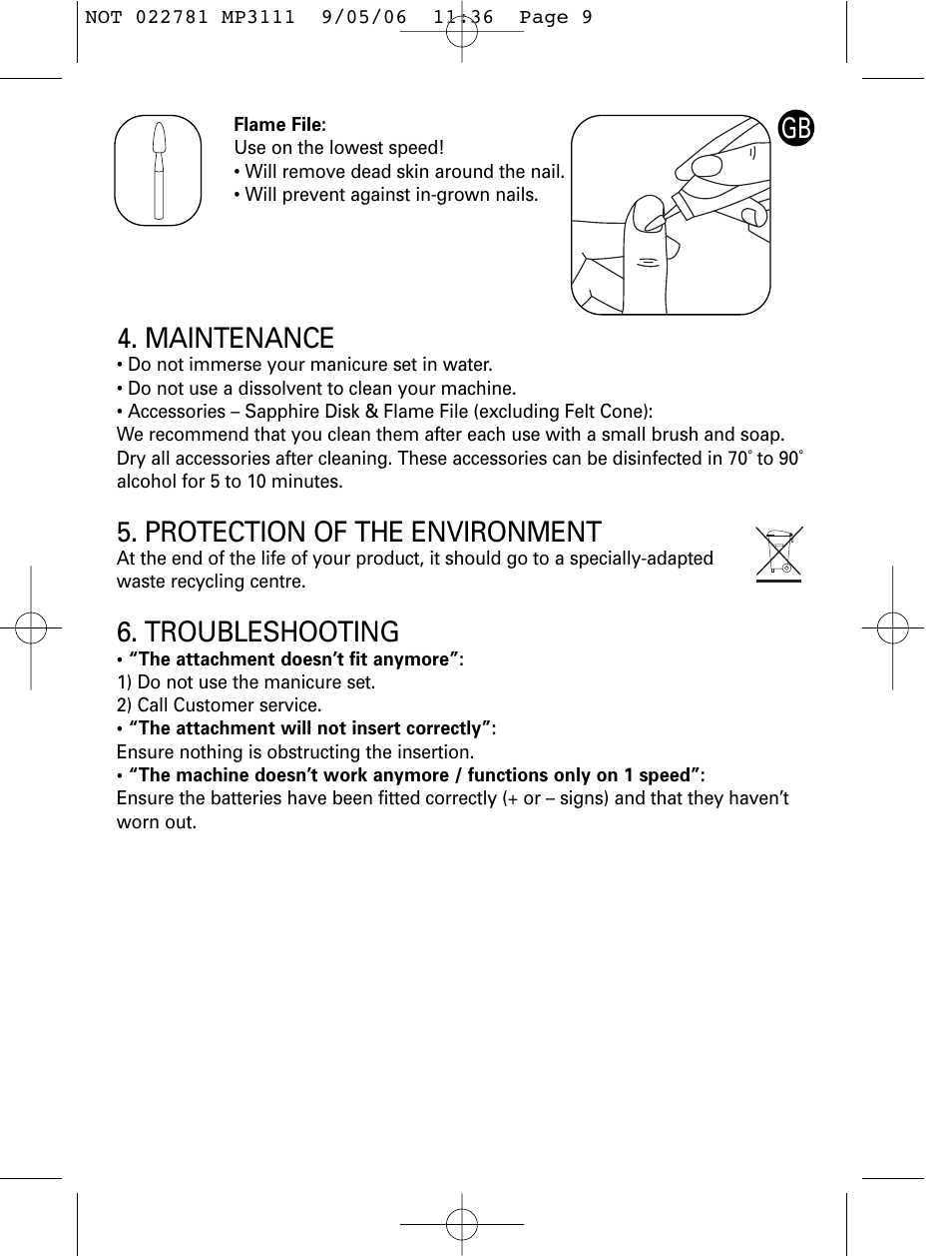 Maintenance, Protection of the environment, Troubleshooting | ROWENTA MANEIS MP3111 User Manual | Page 9 / 30