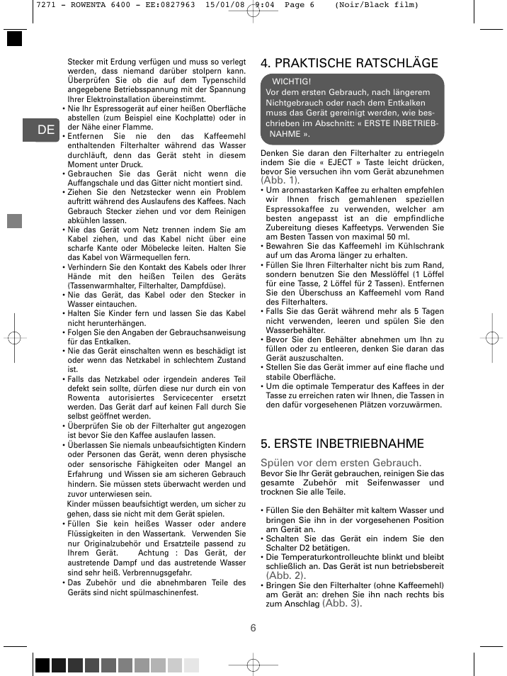 Praktische ratschläge, Erste inbetriebnahme | ROWENTA ESPREMIO ES6400 User Manual | Page 2 / 96