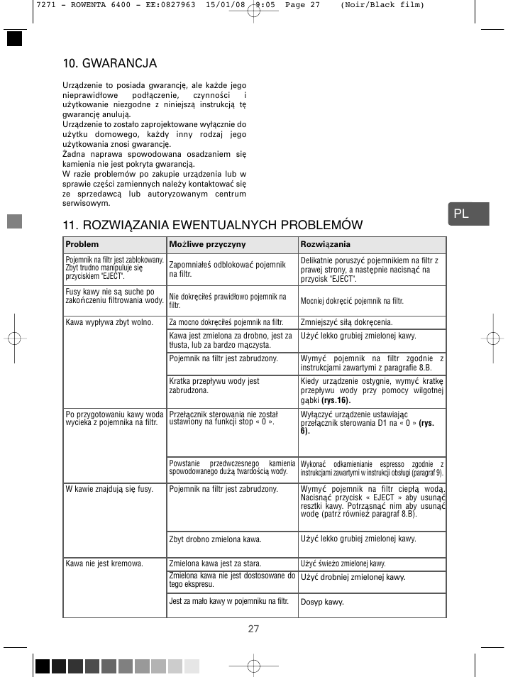 Gwarancja, Pl 11. rozwiązania ewentualnych problemów | ROWENTA ESPREMIO ES6400 User Manual | Page 23 / 96