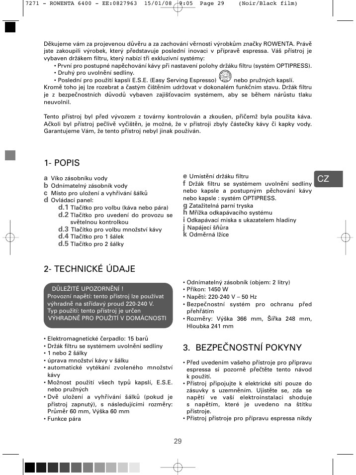 Cz 2- technické údaje, Bezpe čnostní pokyny, Popis | ROWENTA ESPREMIO ES6400 User Manual | Page 25 / 96