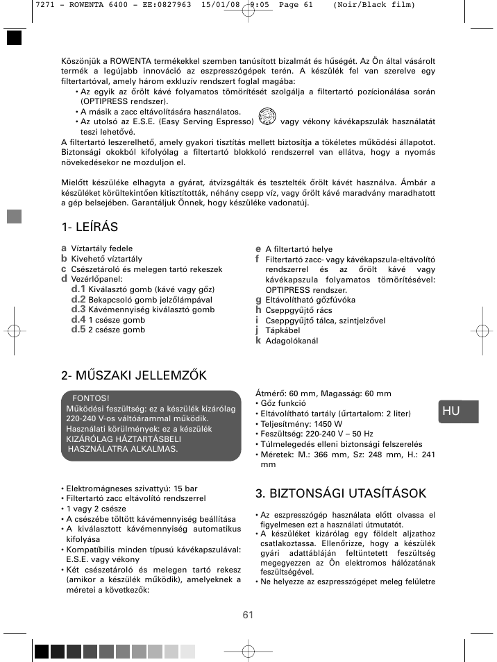 Hu 2- m űszaki jellemzők, Biztonsági utasítások, Leírás | ROWENTA ESPREMIO ES6400 User Manual | Page 57 / 96