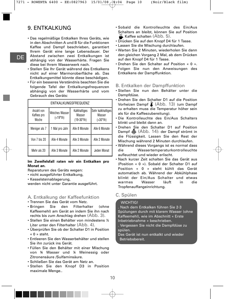 De 9. entkalkung | ROWENTA ESPREMIO ES6400 User Manual | Page 6 / 96