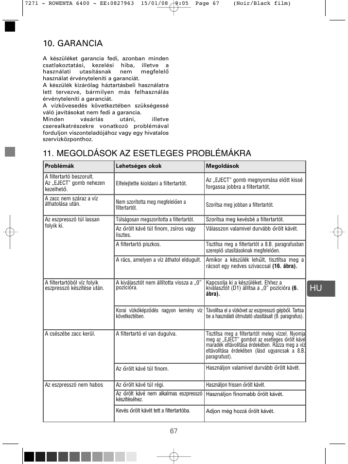 Hu 10. garancia, Megoldások az esetleges problémákra | ROWENTA ESPREMIO ES6400 User Manual | Page 63 / 96