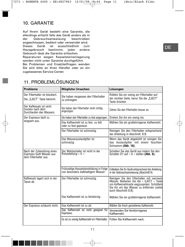 De 10. garantie, Problemlösungen | ROWENTA ESPREMIO ES6400 User Manual | Page 7 / 96