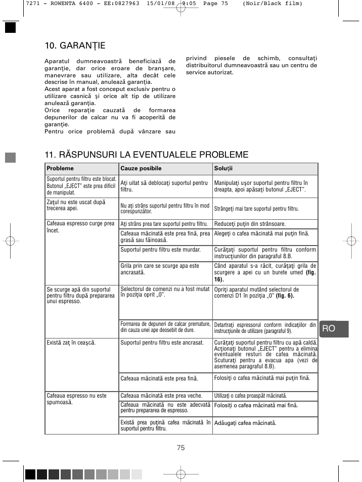 Ro 10. garan ţie, Răspunsuri la eventualele probleme | ROWENTA ESPREMIO ES6400 User Manual | Page 71 / 96