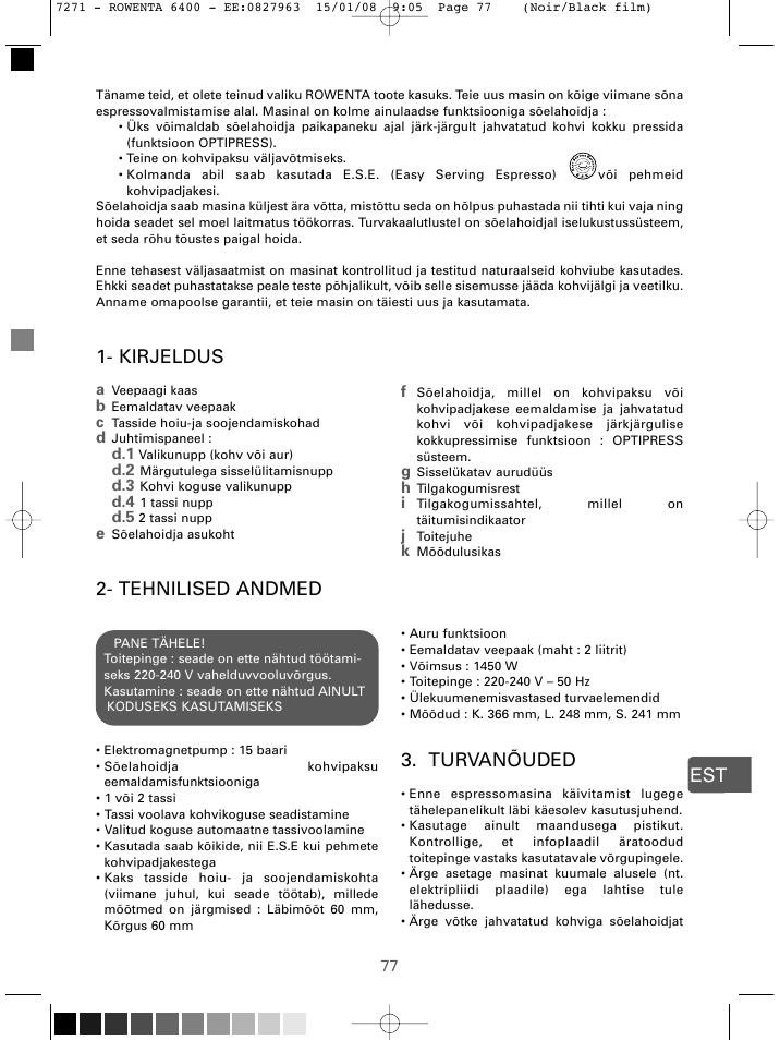 Est 2- tehnilised andmed, Turvanõuded, Kirjeldus | ROWENTA ESPREMIO ES6400 User Manual | Page 73 / 96