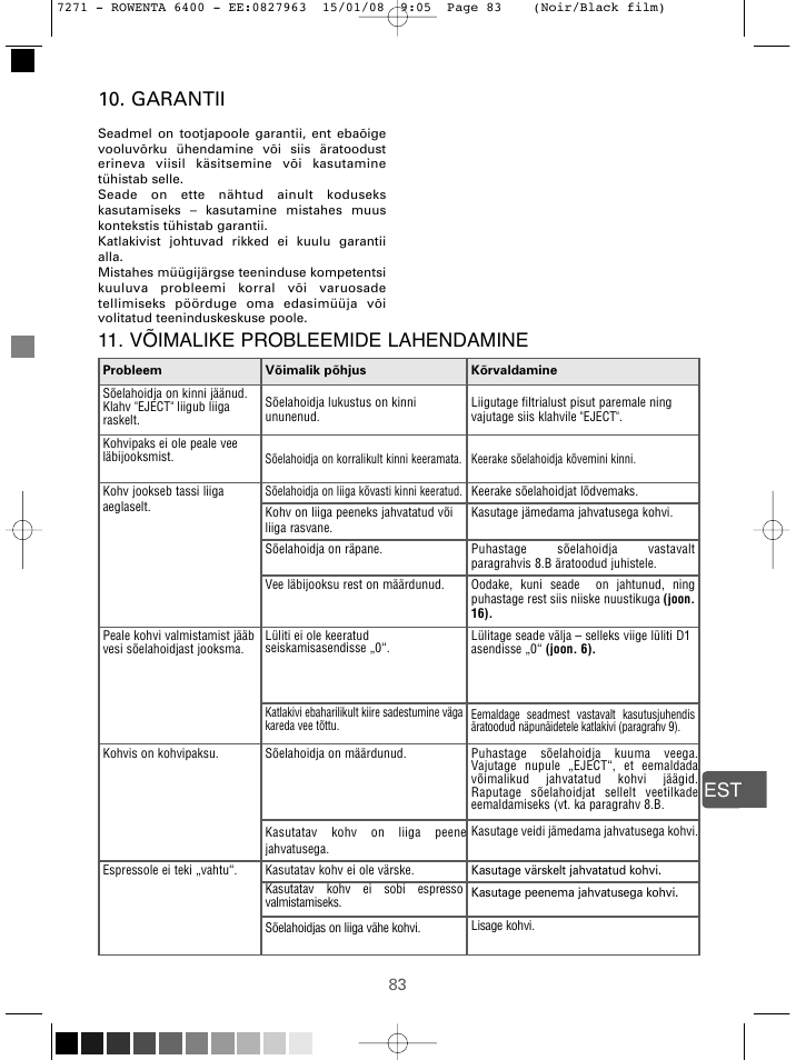 Est 10. garantii, Võimalike probleemide lahendamine | ROWENTA ESPREMIO ES6400 User Manual | Page 79 / 96