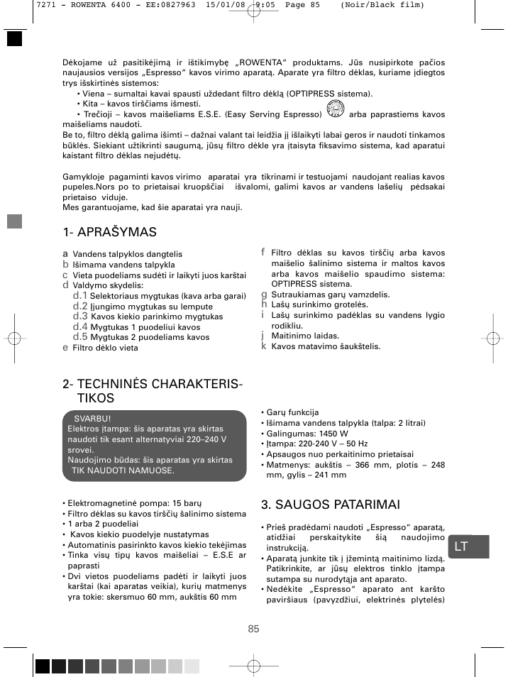 Lt 2- technin s charakteris- tikos, Saugos patarimai, Aprašymas | ROWENTA ESPREMIO ES6400 User Manual | Page 81 / 96