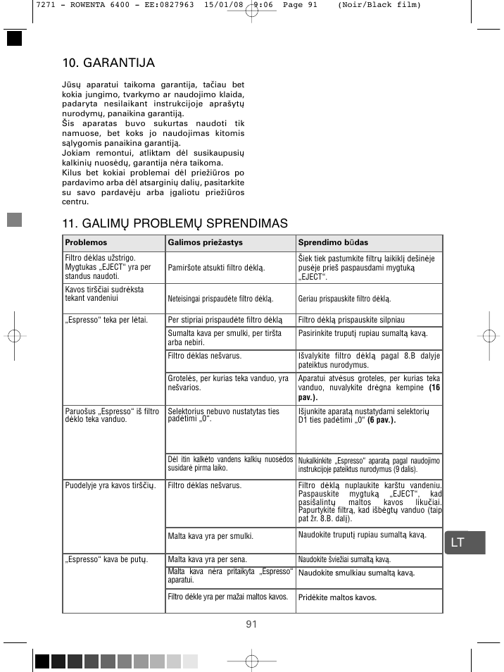 Garantija, Lt 11. galimų problemų sprendimas | ROWENTA ESPREMIO ES6400 User Manual | Page 87 / 96