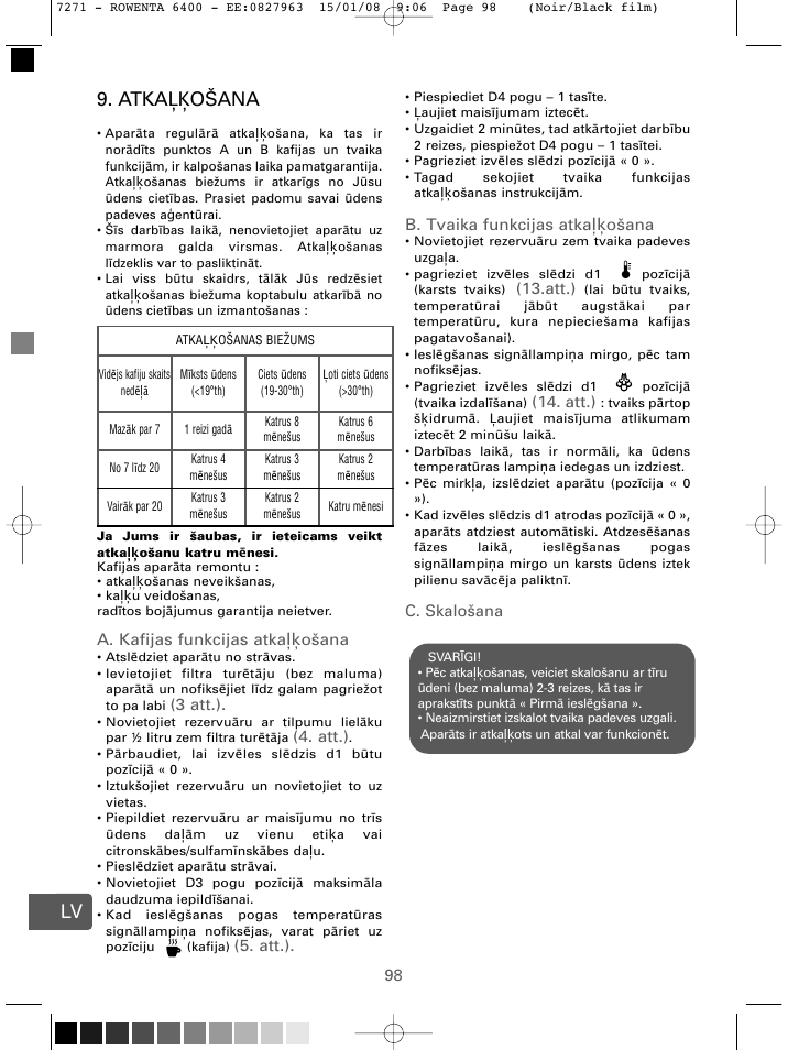 Atka ošana, A. kafijas funkcijas atka ošana, 3 att.) | Att.), B. tvaika funkcijas atka ošana, C. skalošana | ROWENTA ESPREMIO ES6400 User Manual | Page 94 / 96