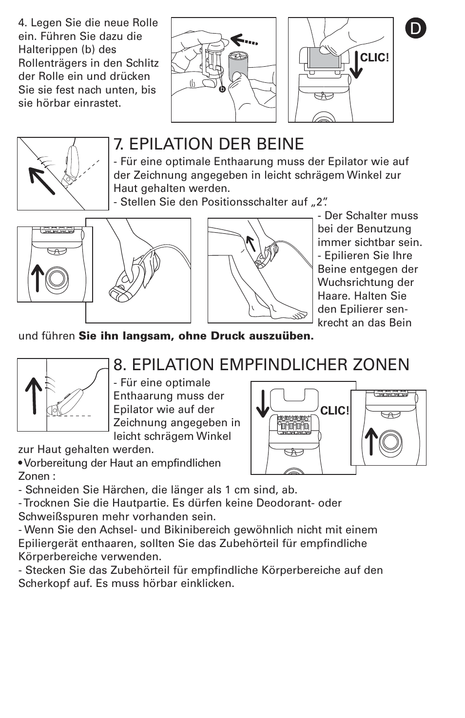 Epilation der beine, Epilation empfindlicher zonen | ROWENTA ACCESSIM BODY AND CARE EP8650 User Manual | Page 7 / 58