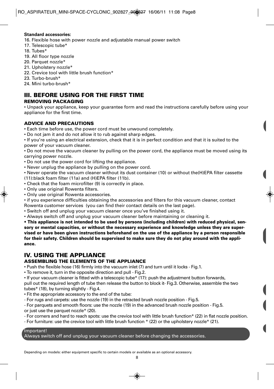 Iii. before using for the first time, Iv. using the appliance | ROWENTA MINI SPACE CYCLONIC RO3349 User Manual | Page 12 / 64