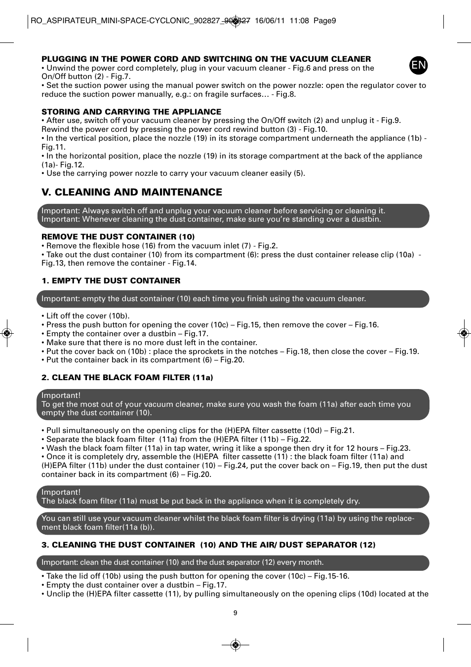 V. cleaning and maintenance | ROWENTA MINI SPACE CYCLONIC RO3349 User Manual | Page 13 / 64