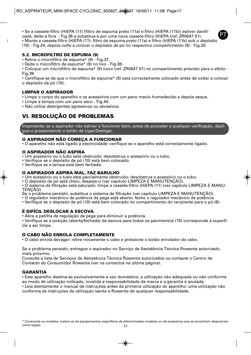 Vi. resolução de problemas | ROWENTA MINI SPACE CYCLONIC RO3349 User Manual | Page 21 / 64