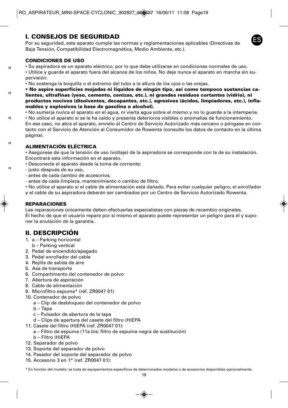 I. consejos de seguridad, Ii. descripción | ROWENTA MINI SPACE CYCLONIC RO3349 User Manual | Page 23 / 64