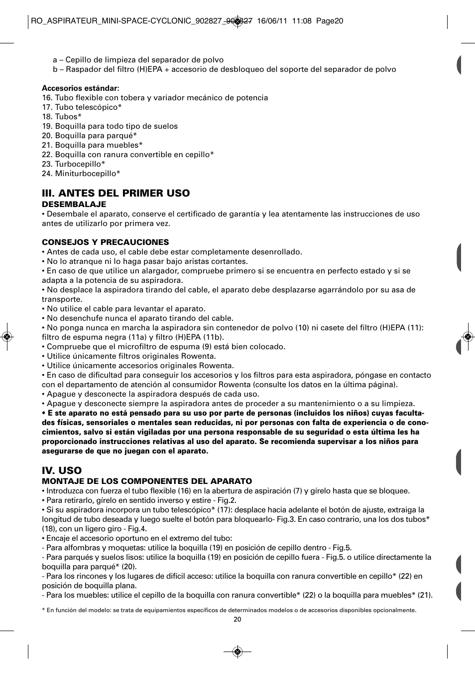 Iii. antes del primer uso, Iv. uso | ROWENTA MINI SPACE CYCLONIC RO3349 User Manual | Page 24 / 64