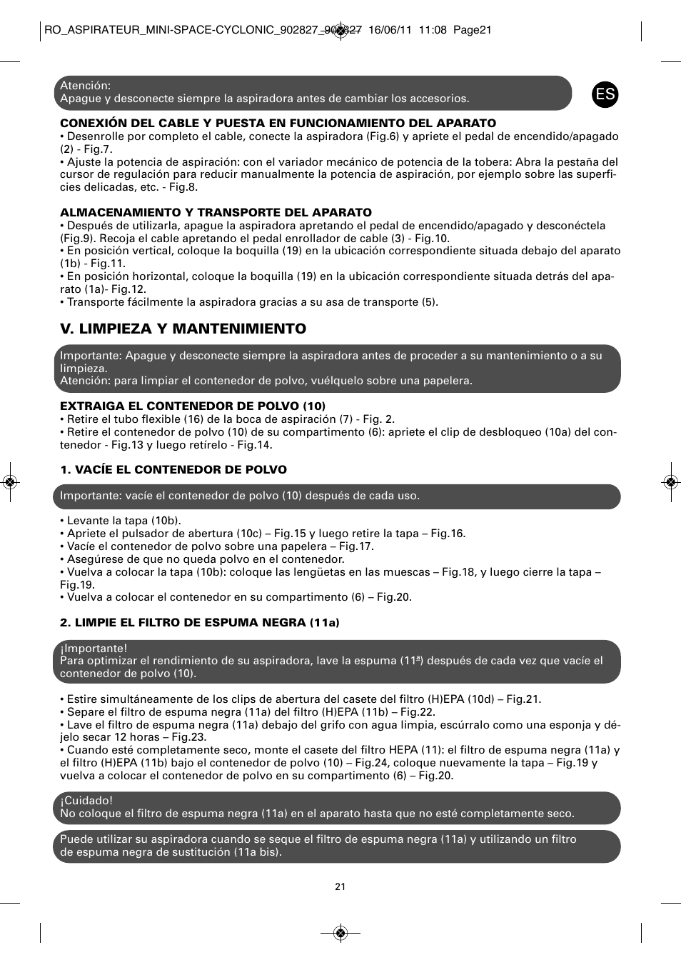 V. limpieza y mantenimiento | ROWENTA MINI SPACE CYCLONIC RO3349 User Manual | Page 25 / 64