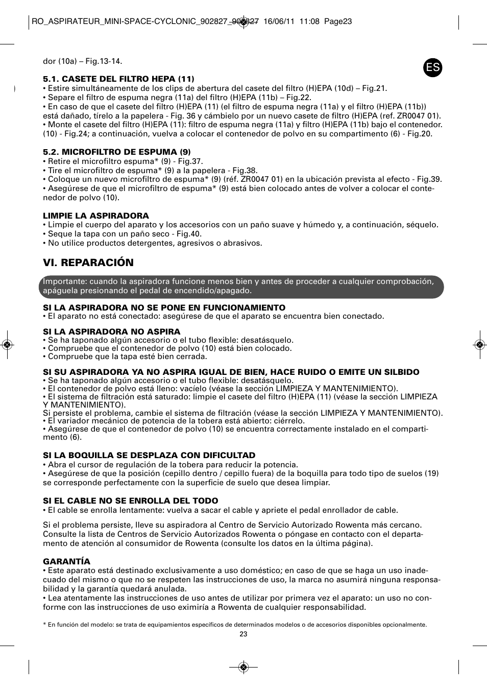 Vi. reparación | ROWENTA MINI SPACE CYCLONIC RO3349 User Manual | Page 27 / 64