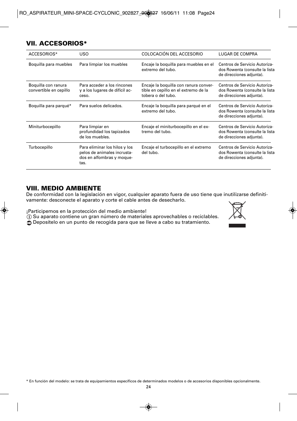 Viii. medio ambiente, Vii. accesorios | ROWENTA MINI SPACE CYCLONIC RO3349 User Manual | Page 28 / 64