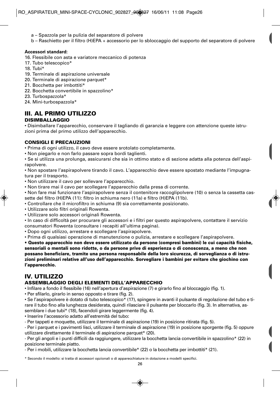 Iii. al primo utilizzo, Iv. utilizzo | ROWENTA MINI SPACE CYCLONIC RO3349 User Manual | Page 30 / 64