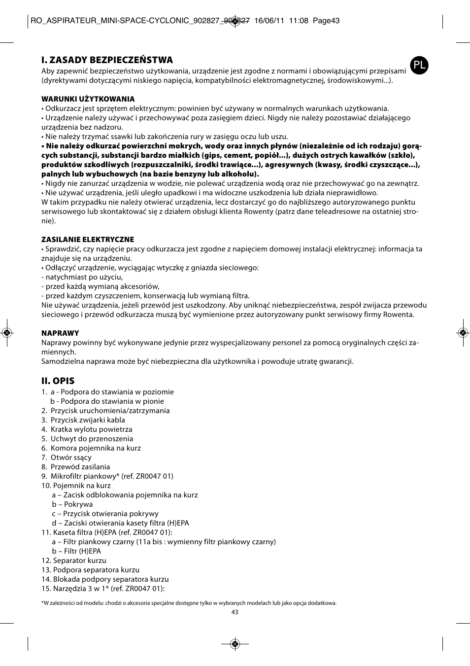 I. zasady bezpieczeństwa, Ii. opis | ROWENTA MINI SPACE CYCLONIC RO3349 User Manual | Page 47 / 64