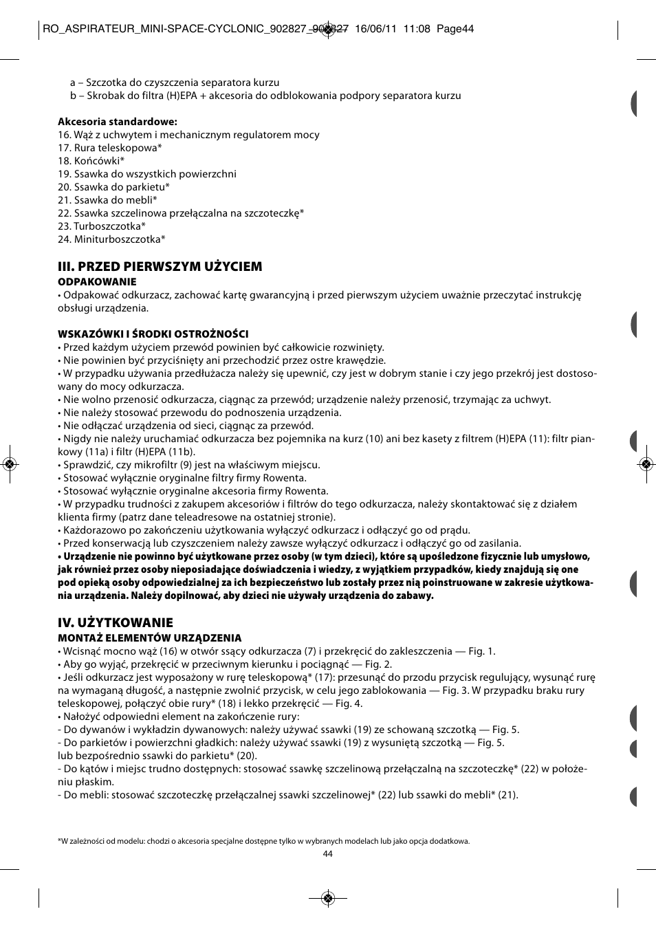 Iii. przed pierwszym użyciem, Iv. użytkowanie | ROWENTA MINI SPACE CYCLONIC RO3349 User Manual | Page 48 / 64
