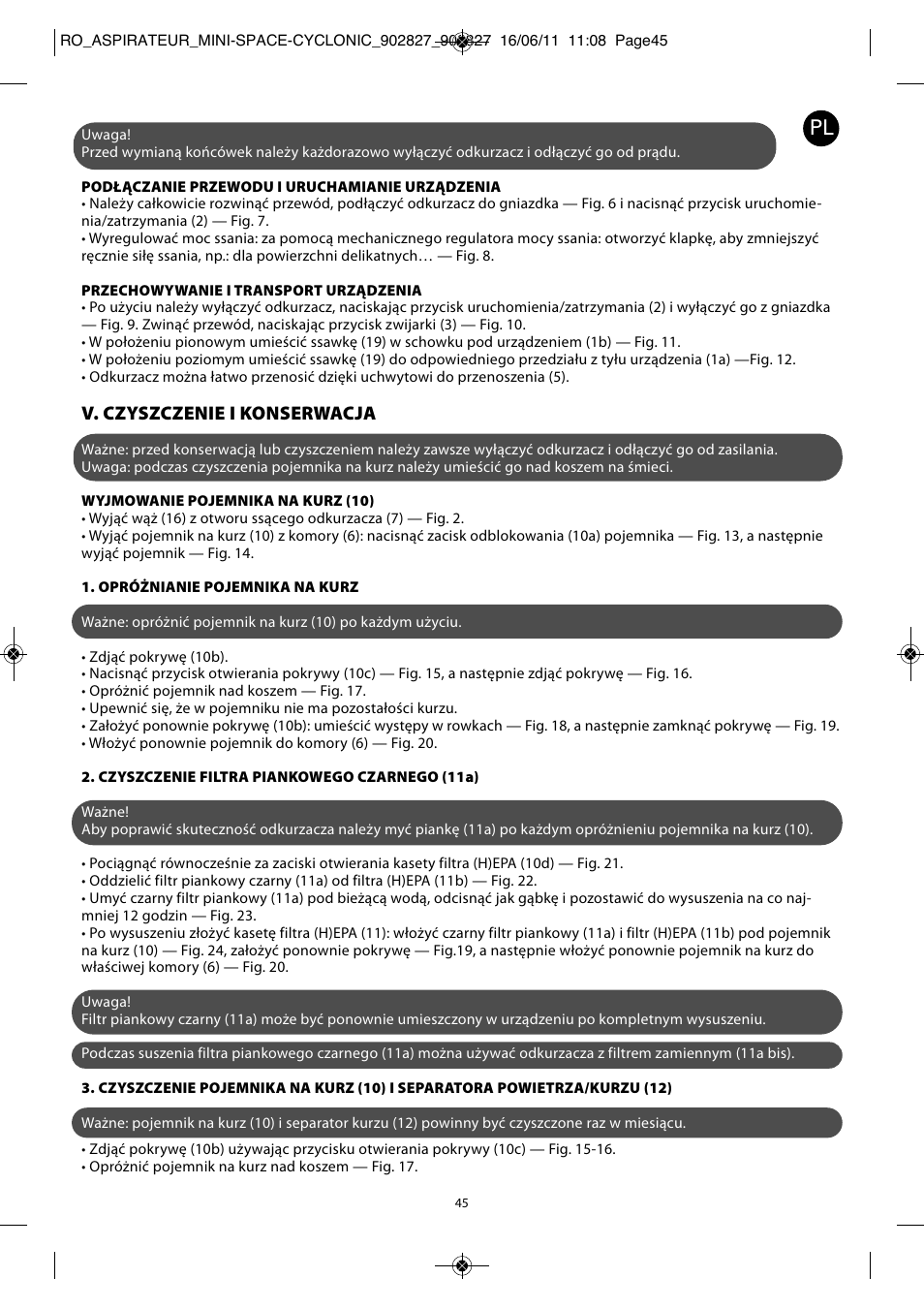 V. czyszczenie i konserwacja | ROWENTA MINI SPACE CYCLONIC RO3349 User Manual | Page 49 / 64