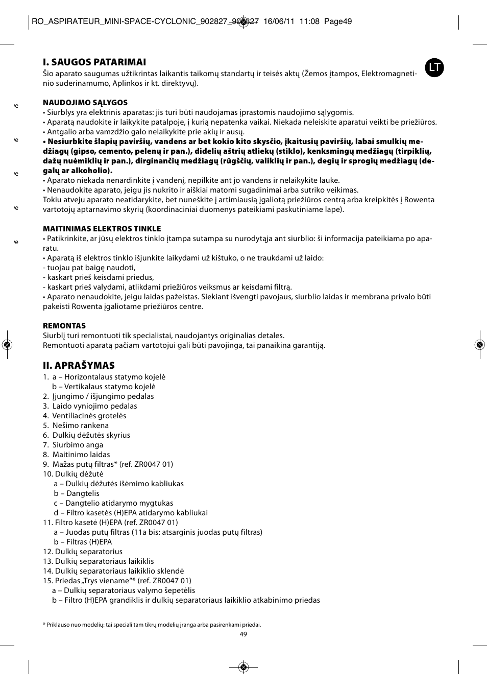 I. saugos patarimai, Ii. aprašymas | ROWENTA MINI SPACE CYCLONIC RO3349 User Manual | Page 53 / 64