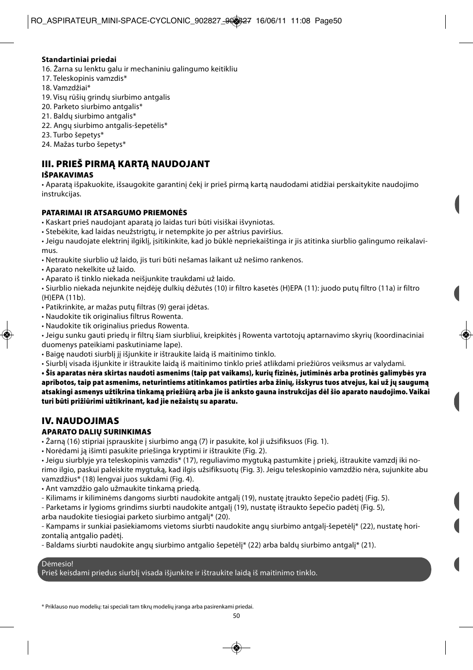 Iii. prieš pirmą kartą naudojant, Iv. naudojimas | ROWENTA MINI SPACE CYCLONIC RO3349 User Manual | Page 54 / 64