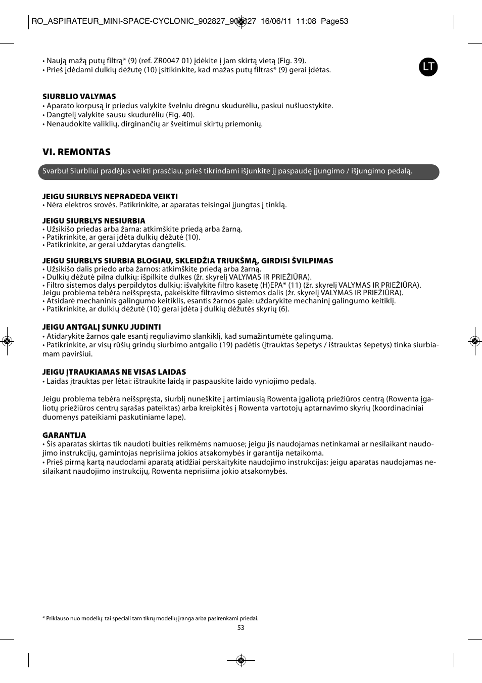 Vi. remontas | ROWENTA MINI SPACE CYCLONIC RO3349 User Manual | Page 57 / 64