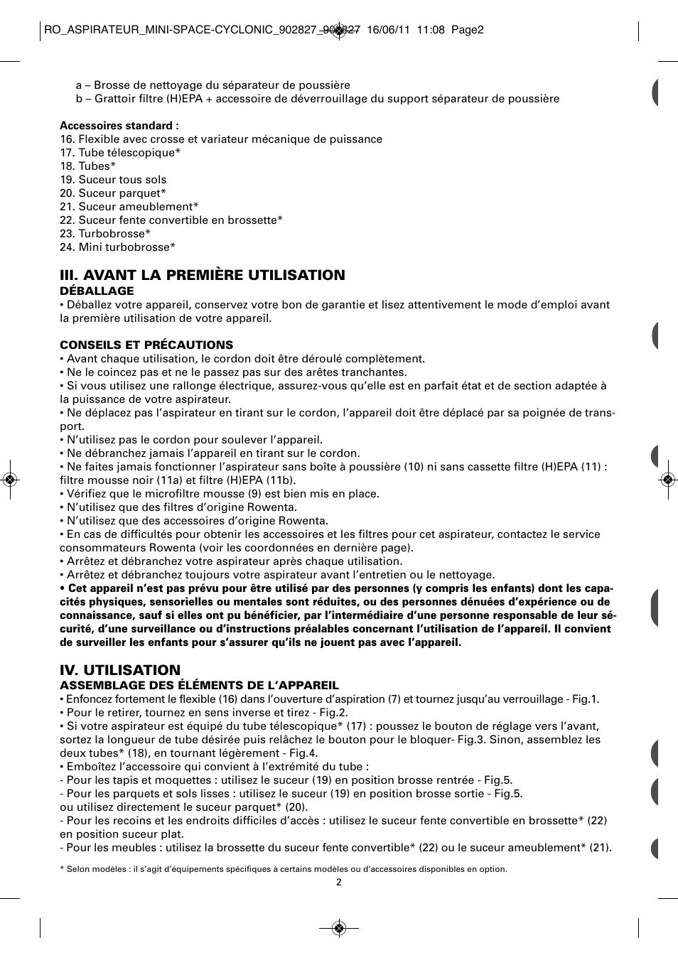 Iii. avant la première utilisation, Iv. utilisation | ROWENTA MINI SPACE CYCLONIC RO3349 User Manual | Page 6 / 64
