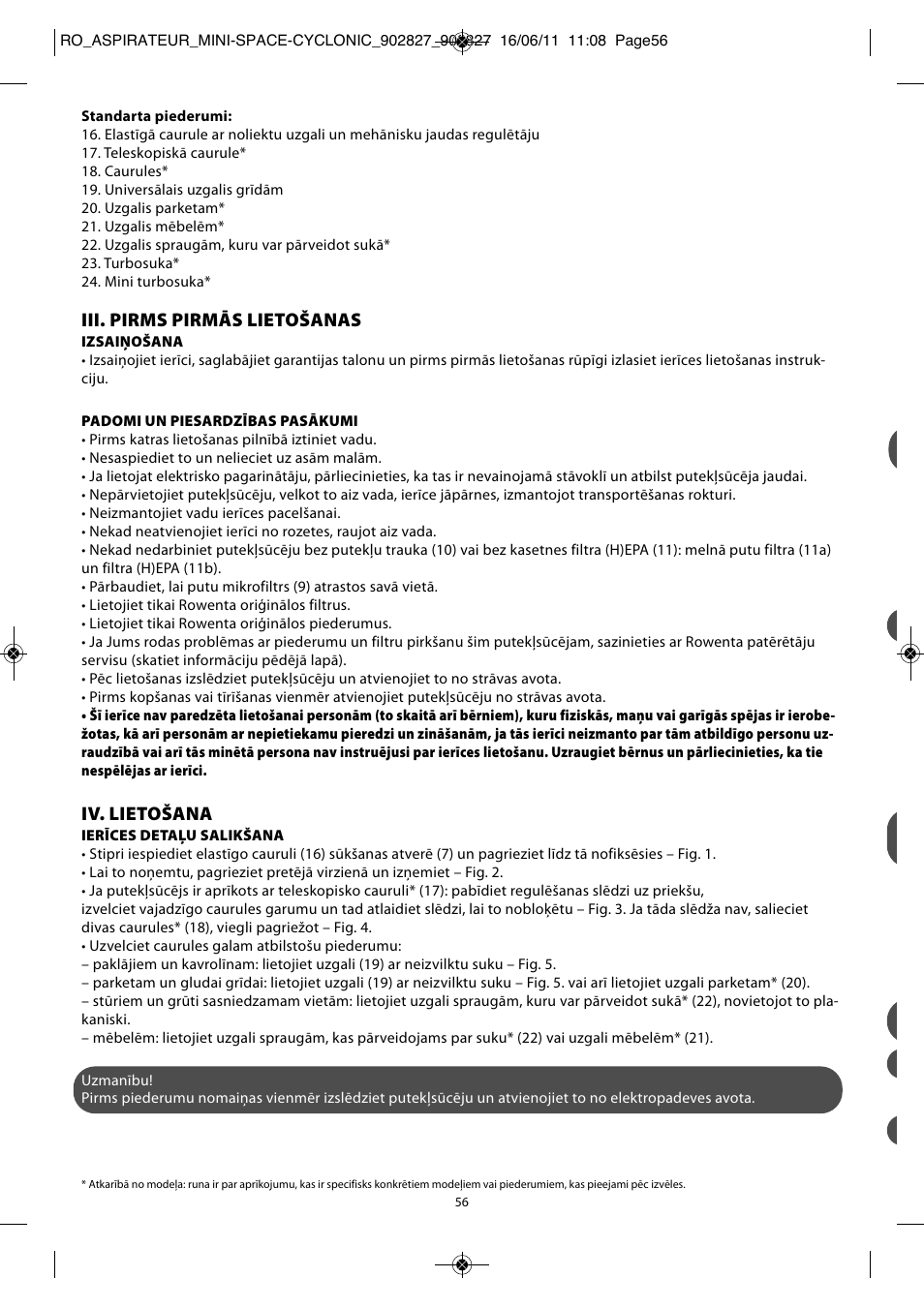 Iii. pirms pirmās lietošanas, Iv. lietošana | ROWENTA MINI SPACE CYCLONIC RO3349 User Manual | Page 60 / 64