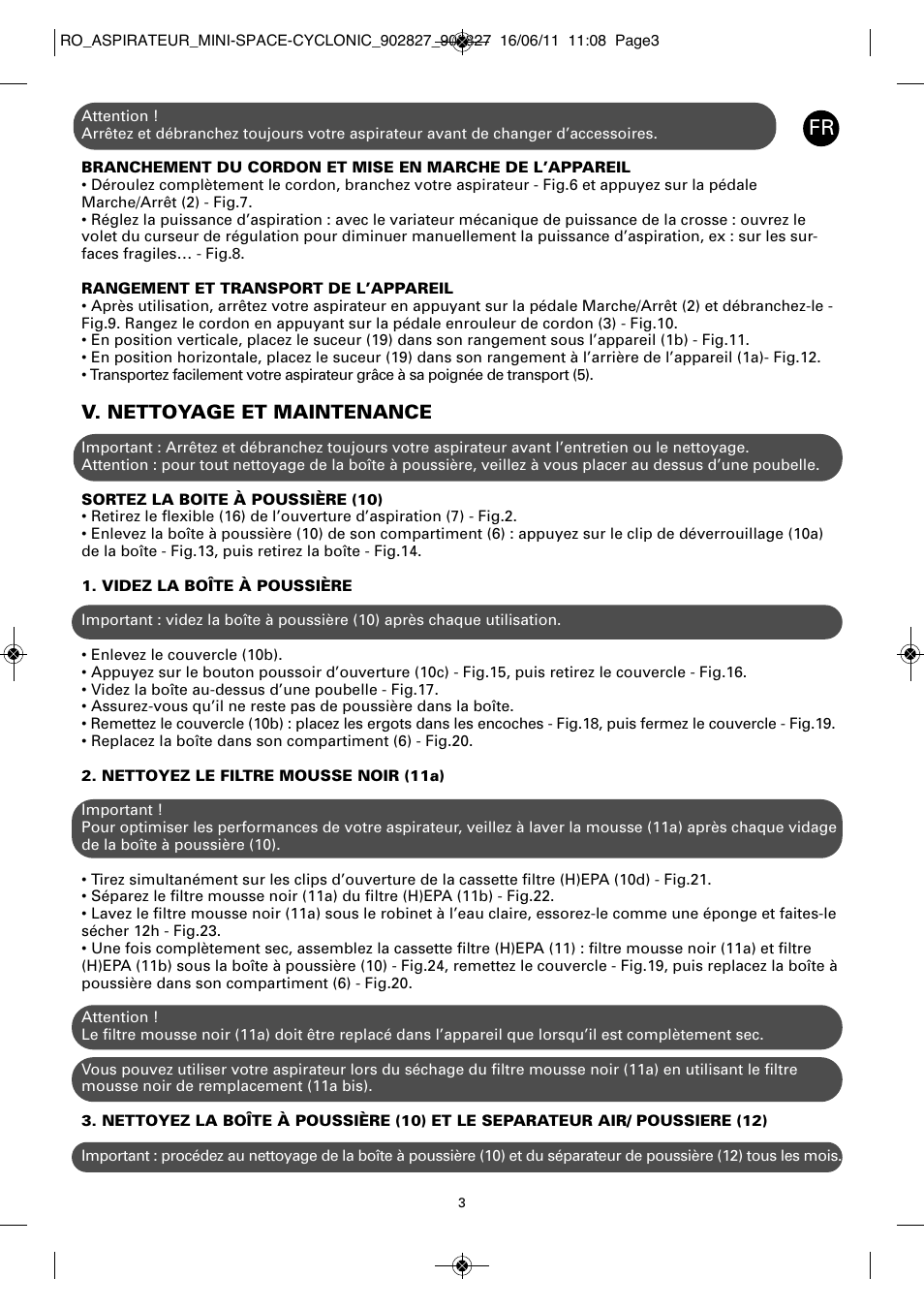 V. nettoyage et maintenance | ROWENTA MINI SPACE CYCLONIC RO3349 User Manual | Page 7 / 64