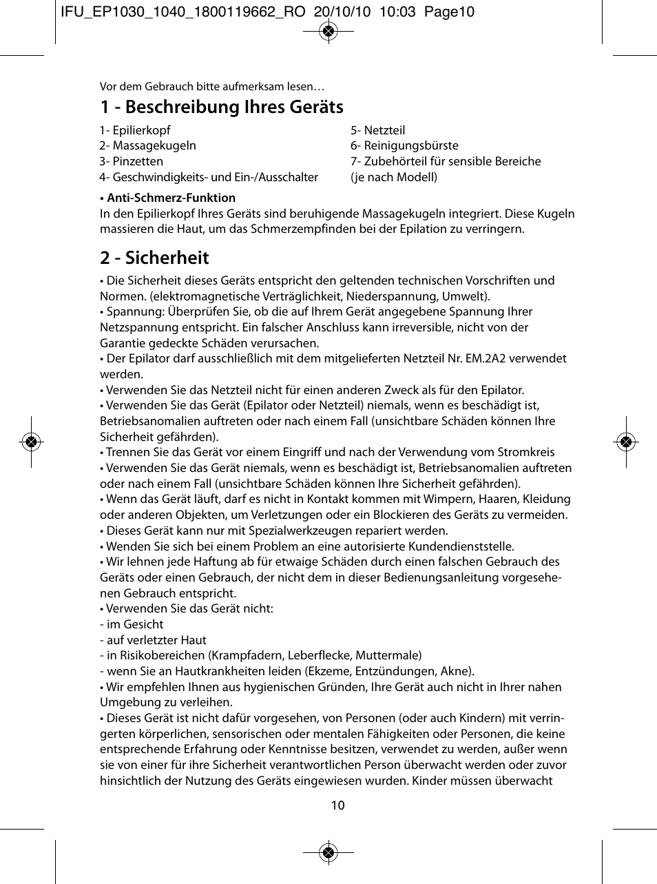 1 - beschreibung ihres geräts, 2 - sicherheit | ROWENTA FASHION EP1030 User Manual | Page 10 / 92