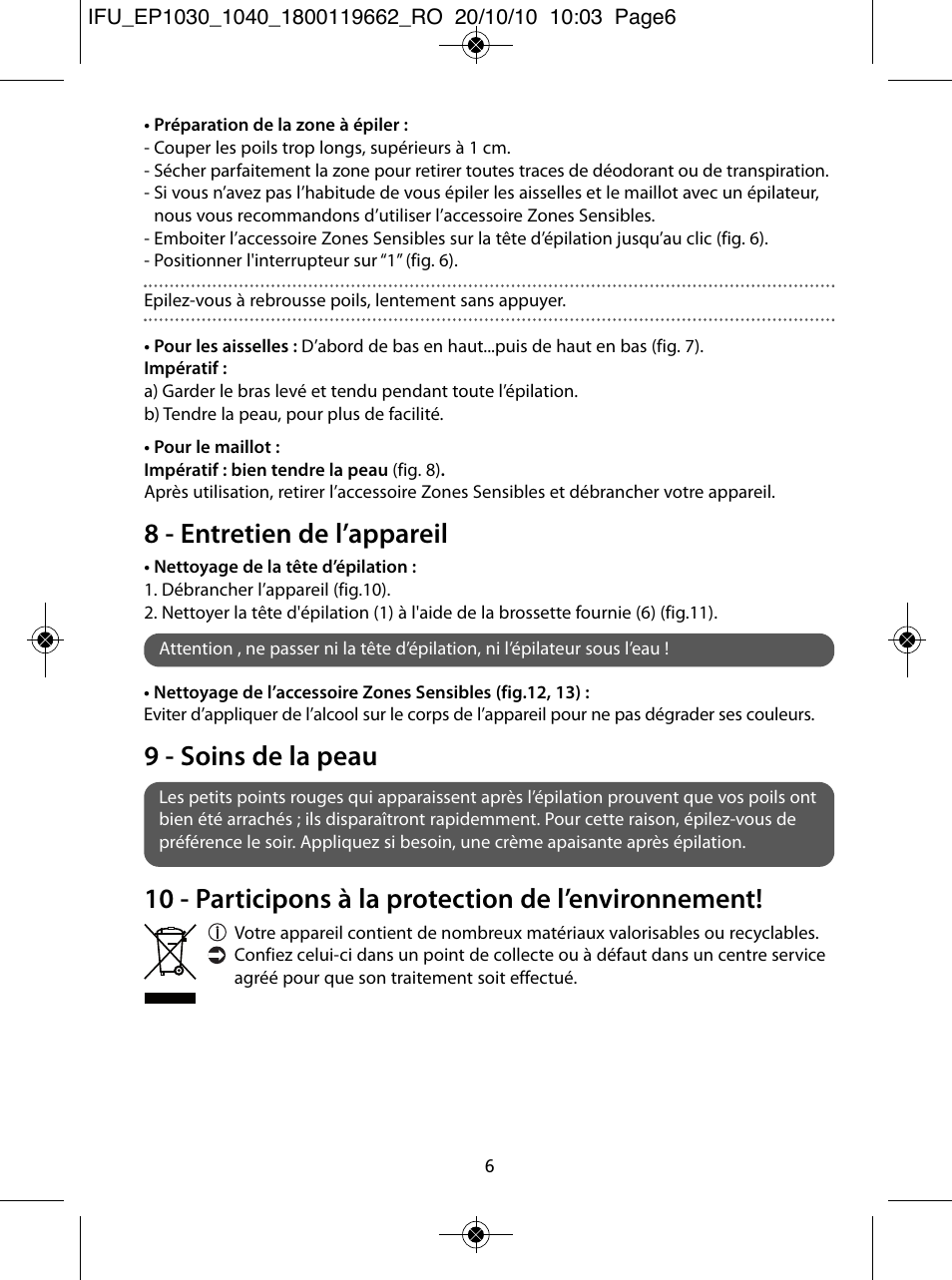 8 - entretien de l’appareil, 9 - soins de la peau | ROWENTA FASHION EP1030 User Manual | Page 6 / 92