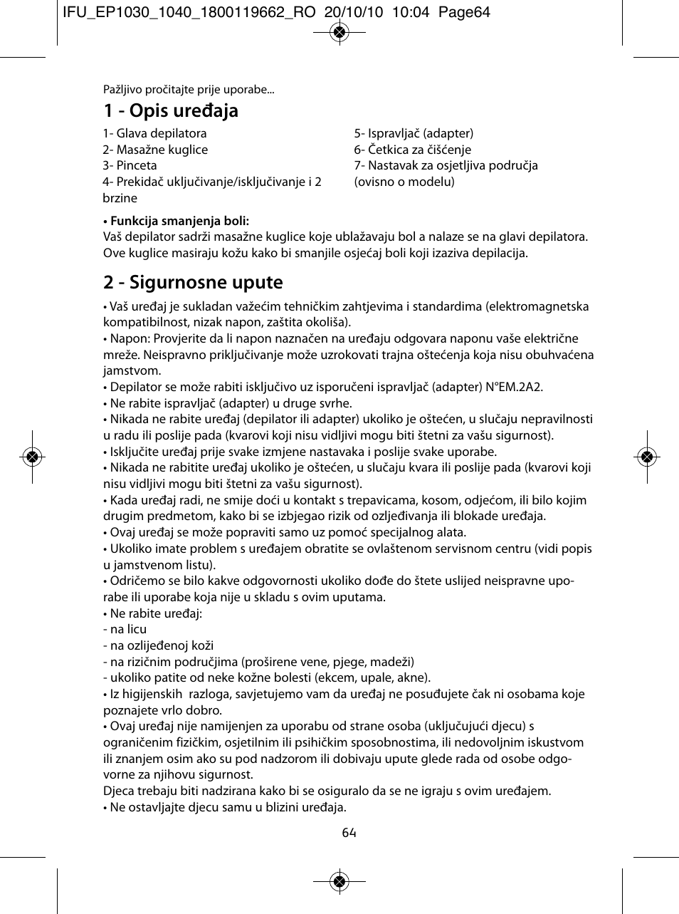 1 - opis uređaja, 2 - sigurnosne upute | ROWENTA FASHION EP1030 User Manual | Page 64 / 92