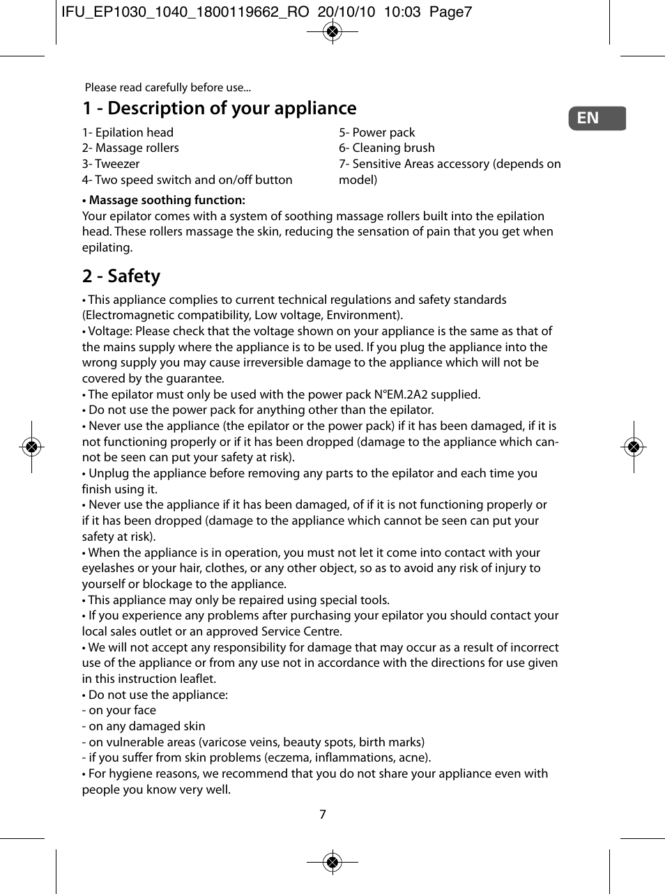 1 - description of your appliance, 2 - safety | ROWENTA FASHION EP1030 User Manual | Page 7 / 92