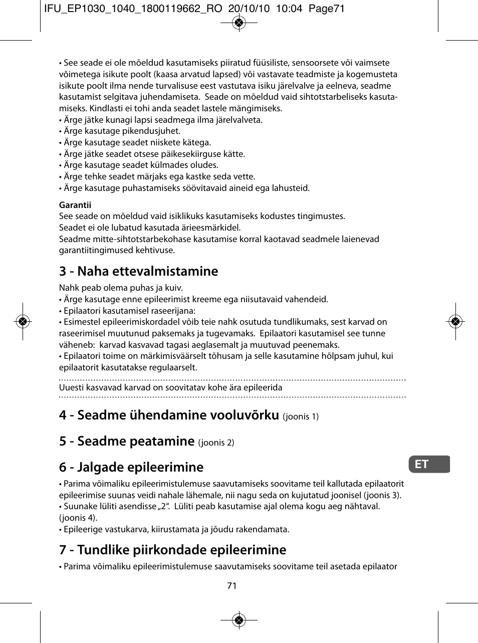 3 - naha ettevalmistamine, 4 - seadme ühendamine vooluvõrku, 5 - seadme peatamine | 6 - jalgade epileerimine, 7 - tundlike piirkondade epileerimine | ROWENTA FASHION EP1030 User Manual | Page 71 / 92