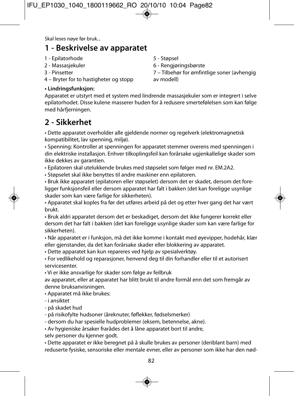 1 - beskrivelse av apparatet, 2 - sikkerhet | ROWENTA FASHION EP1030 User Manual | Page 82 / 92